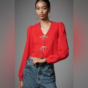 Anthropologie Dolan Left Coast Red Puff Sleeve Rhinestone Bow Cardigan Top NWOT